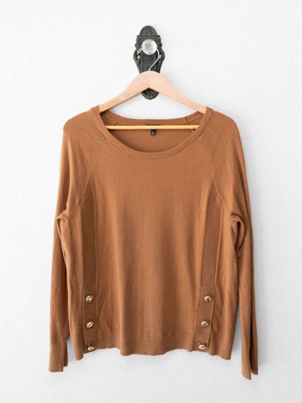 Talbots Sweater Womens L Brown Gold Button Side Cotton Blend Crew Neck Pullover